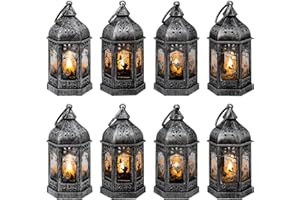 LLQ 5" Mini Lanterns with Halloween Pattern Glass & Flickering LED Candles for Halloween Decorations, Small Lantern Decorative for Table Centerpiece Party Decor, 8Pack, Hanging Candle Holder Ornaments