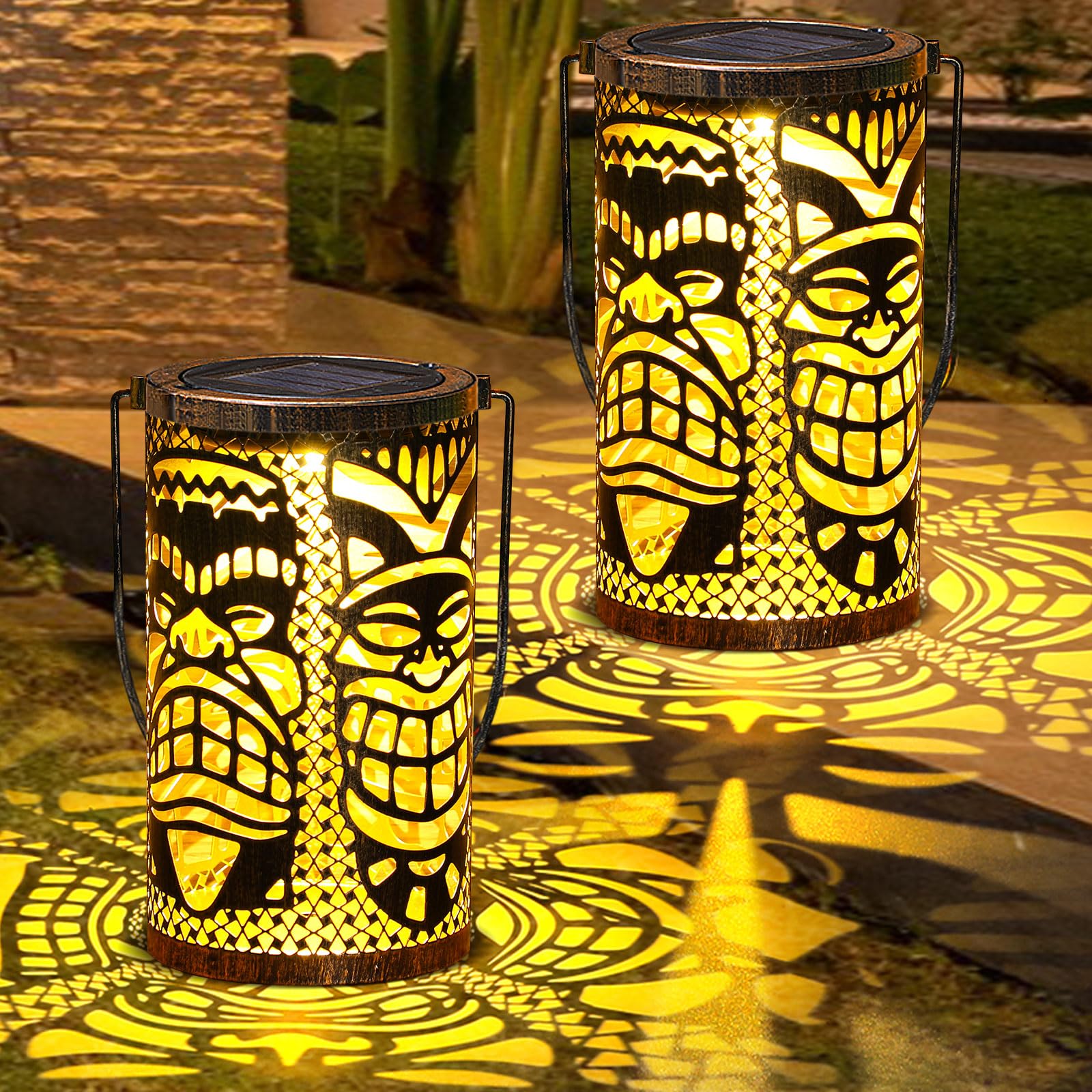 Photo 1 of Glooglitter 2 Pack Tiki Solar Lanterns Tiki Bar Light Decor Outdoor Waterproof Gifts for Women Men Hanging Lantern Metal Hollowed Out Decor for Summer Garden Patio Lawn Porch Festival Party