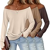 Huukeay 3 Pack Off The Shoulder Boat Neck Tops for Women, Long Sleeve Thumbhole Side Ruched Shirts Loose Causal Tunic Tees