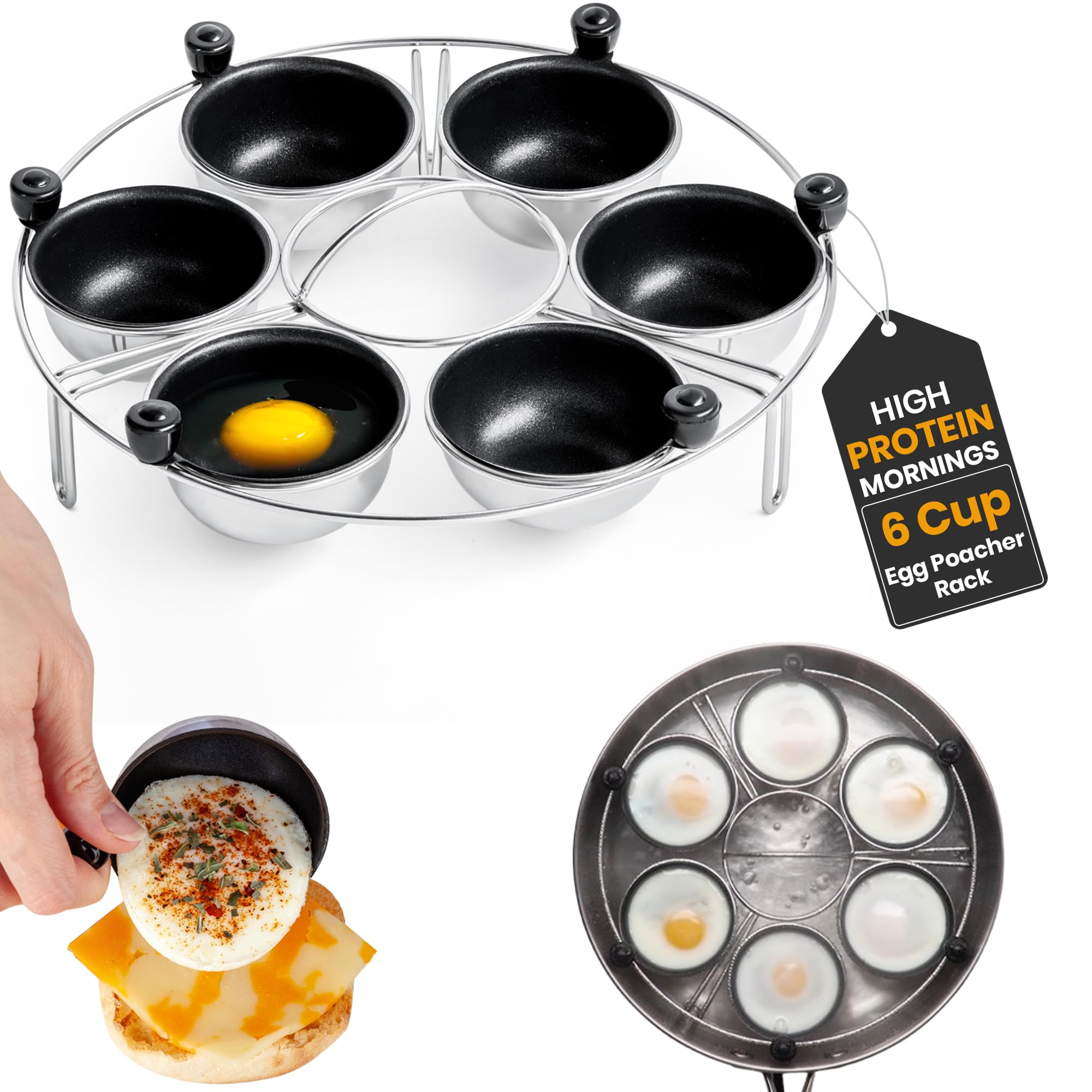 Eggssentials Egg Poacher Insert Stainless Steel Poached Egg Cooker Eggs Poaching Cup PFOA Free Egg Poachers Nonstick, 9 inches Rack, 6 Poached Cups