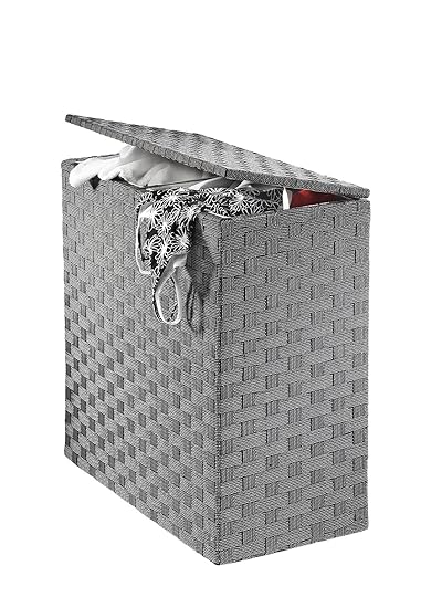 Kobolo Praktischer Wäschesortierer mit Zwei Fächern in Black-White mit Deckel aus geflochtenen Nylon