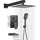 LCEVCGK Shower Faucet Set Complete Matte Black Shower System with 10 inch Square Rainfall Shower Head 3-Function Handheld Shower Waterfall Bathtub Spout Rain Shower Combo Set Bathroom Wall Mounted