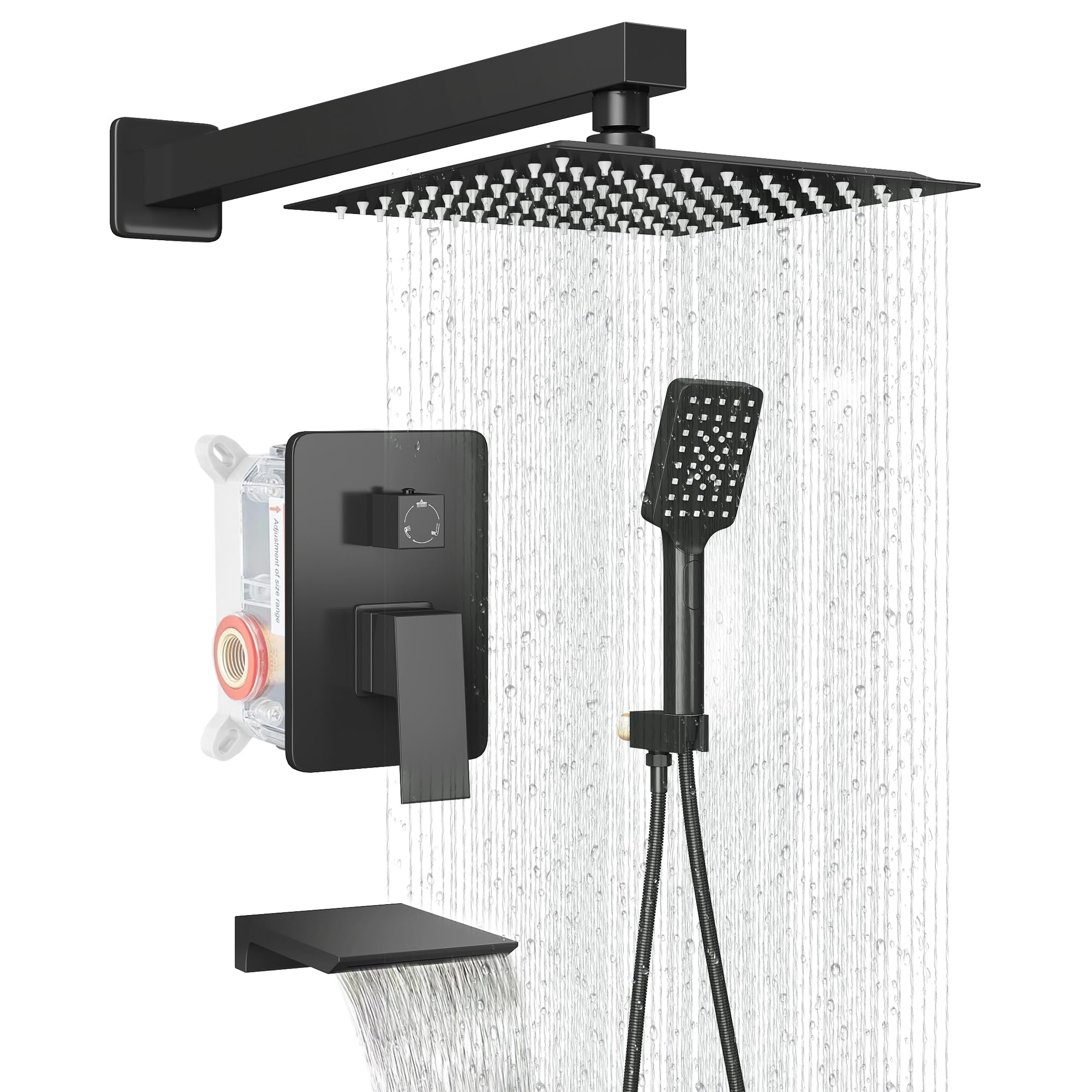 Photo 1 of *Scratched* LCEVCGK Shower Faucet Set Complete Matte Black Shower System with 12 inch Square Rainfall Shower Head 3-Function Handheld Shower Waterfall Bathtub Spout Rain Shower Combo Set Bathroom Wall Mounted