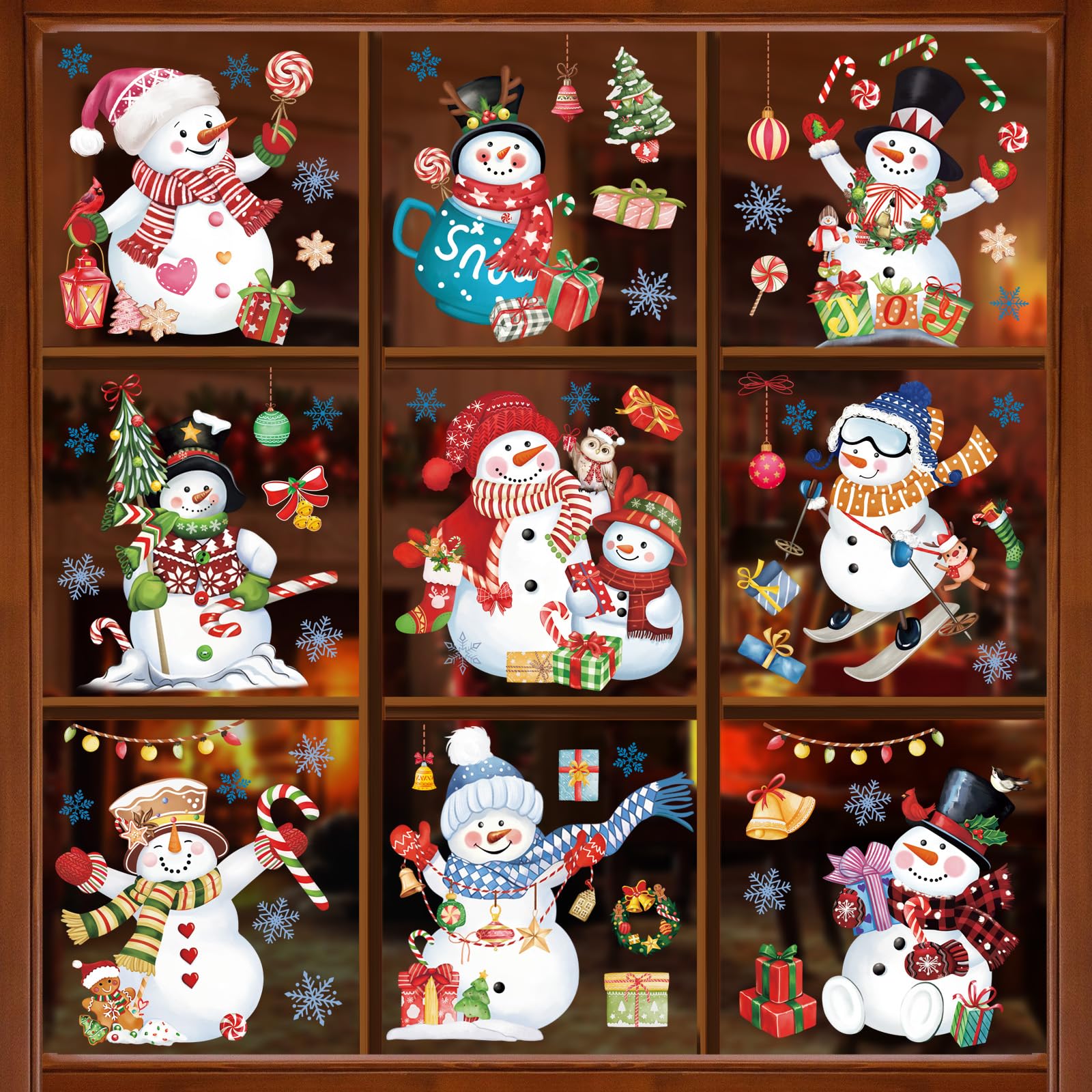 wondever Winter Snowman Window Clings Christmas Snowflake Pine Tree Glass Sticker Decal Anti Collision Double-Side Static Window Decals for Glass Window Christmas Party
