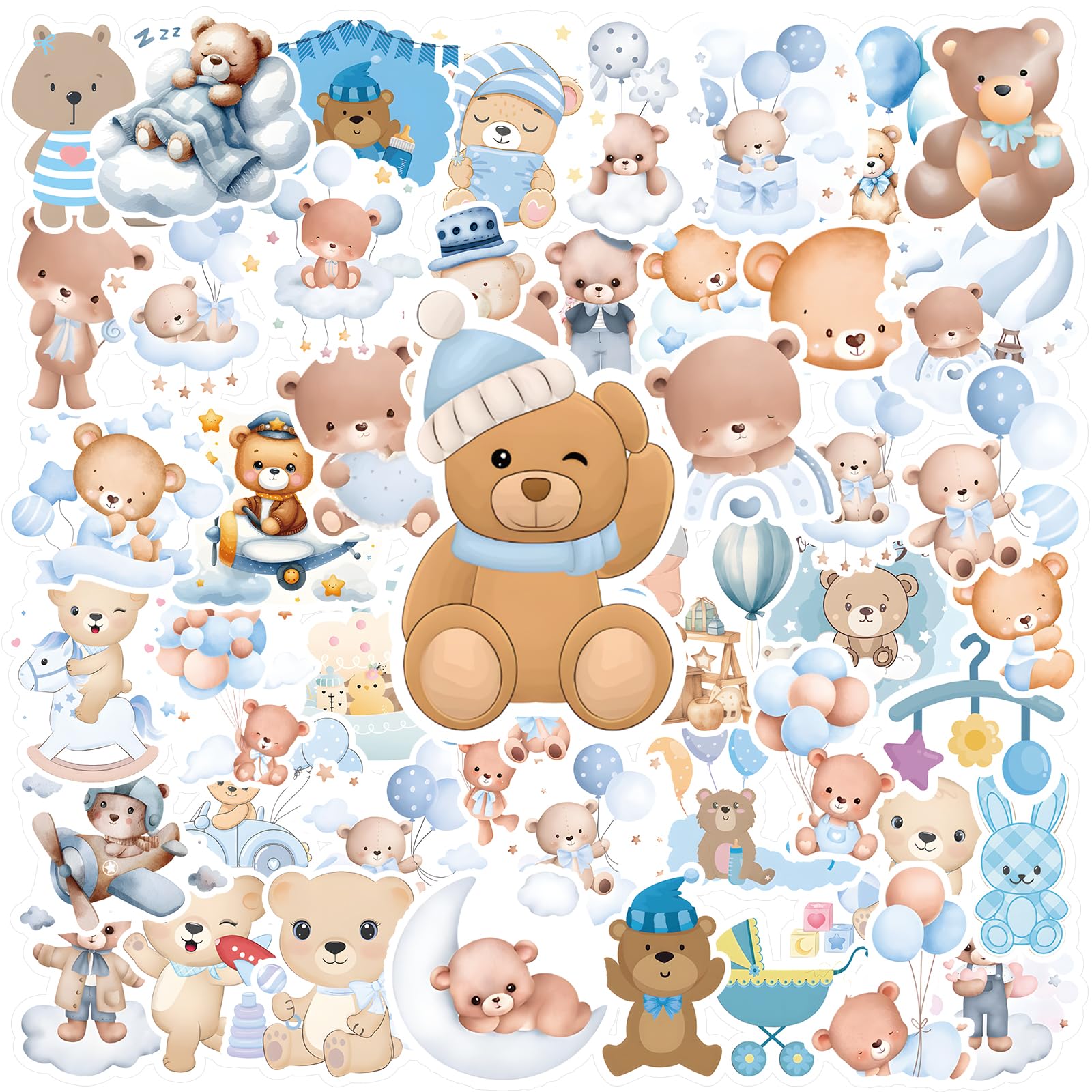 Photo 1 of 50pcs Cute Baby Bear Stickers, Sleep Bear Baby Shower Stickers Kawaii Baby Boy Album Sticker for Kids Scrapbooking Supplies Water Bottles Laptop Scrapbook Party Favor