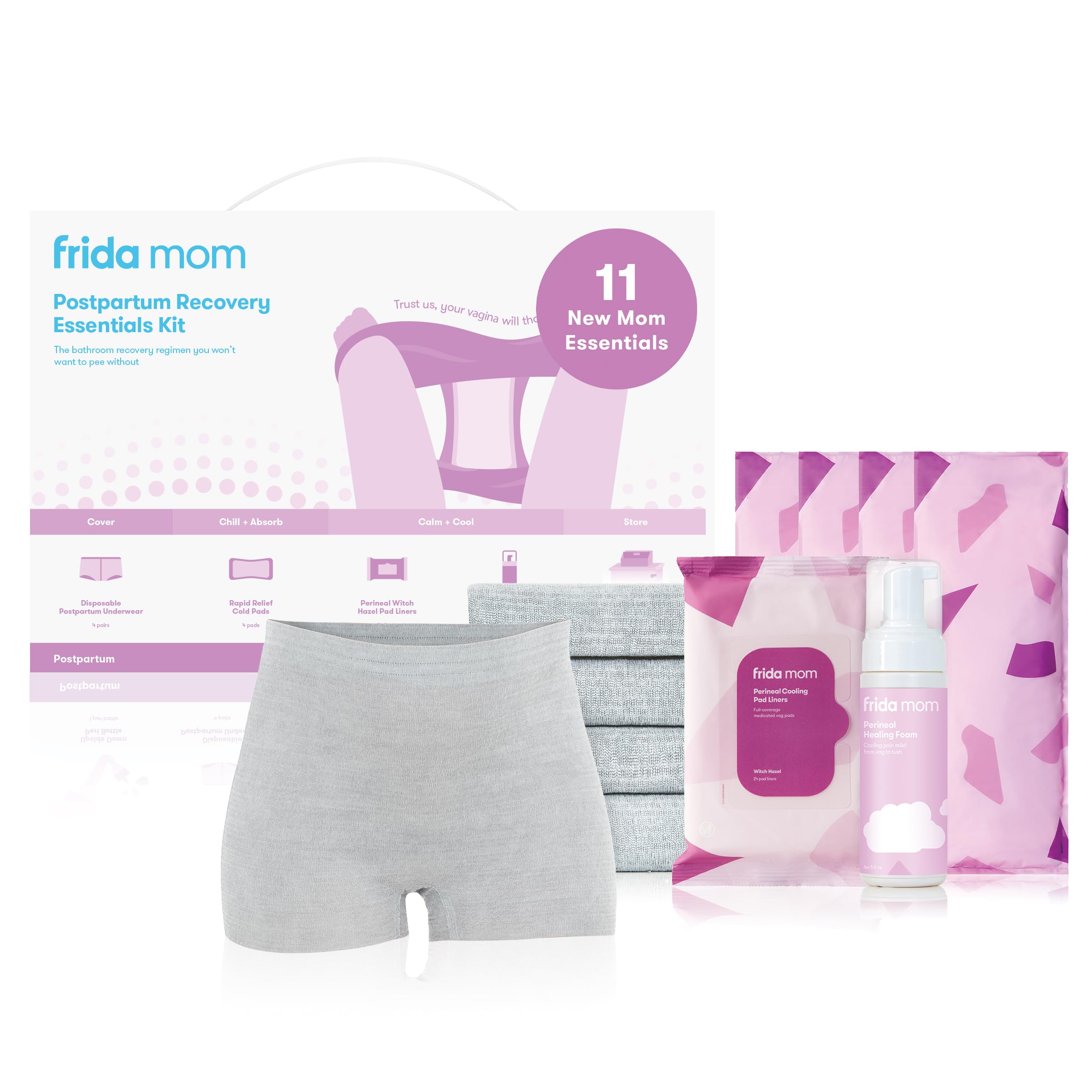 Frida Mom Postpartum Recovery Essentials Kit, Ideal Gift for New Mums, Includes Cooling Pad Liners, Ice Maxi Pads, Disposable Knickers, Perineal Healing Foam, 11pc set