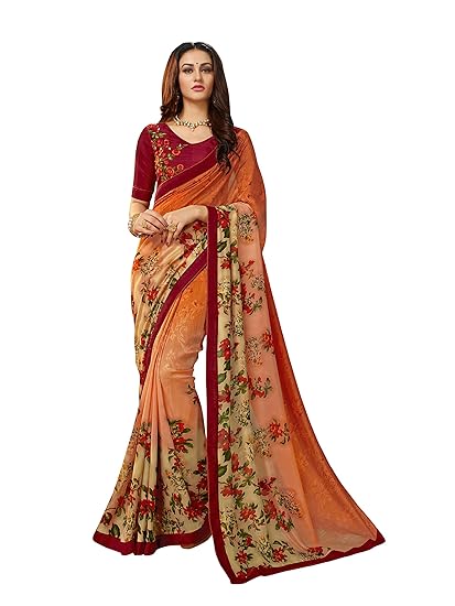 Women's Pure Georgette Saree With Blouse Piece (ST417_ Orange)