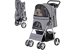 BBBuy 4 Wheels Foldable Pet Dog Cat Jogger Stroller Travel Carrier Strolling Cart w/Waterproof Cover Storage Basket Cup Holder & Removable Liner for Medium Small Cat Dog, Grey