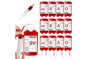 LANSIAN Blood IV Bags for Drinks 12 Packs Reusable Container Drinks Pouches for Halloween Vampire Zombie Theme Party Decoration Supplies with Syringe and Clips, 10 fl.oz (12pcs Bag, 1 Syringes)