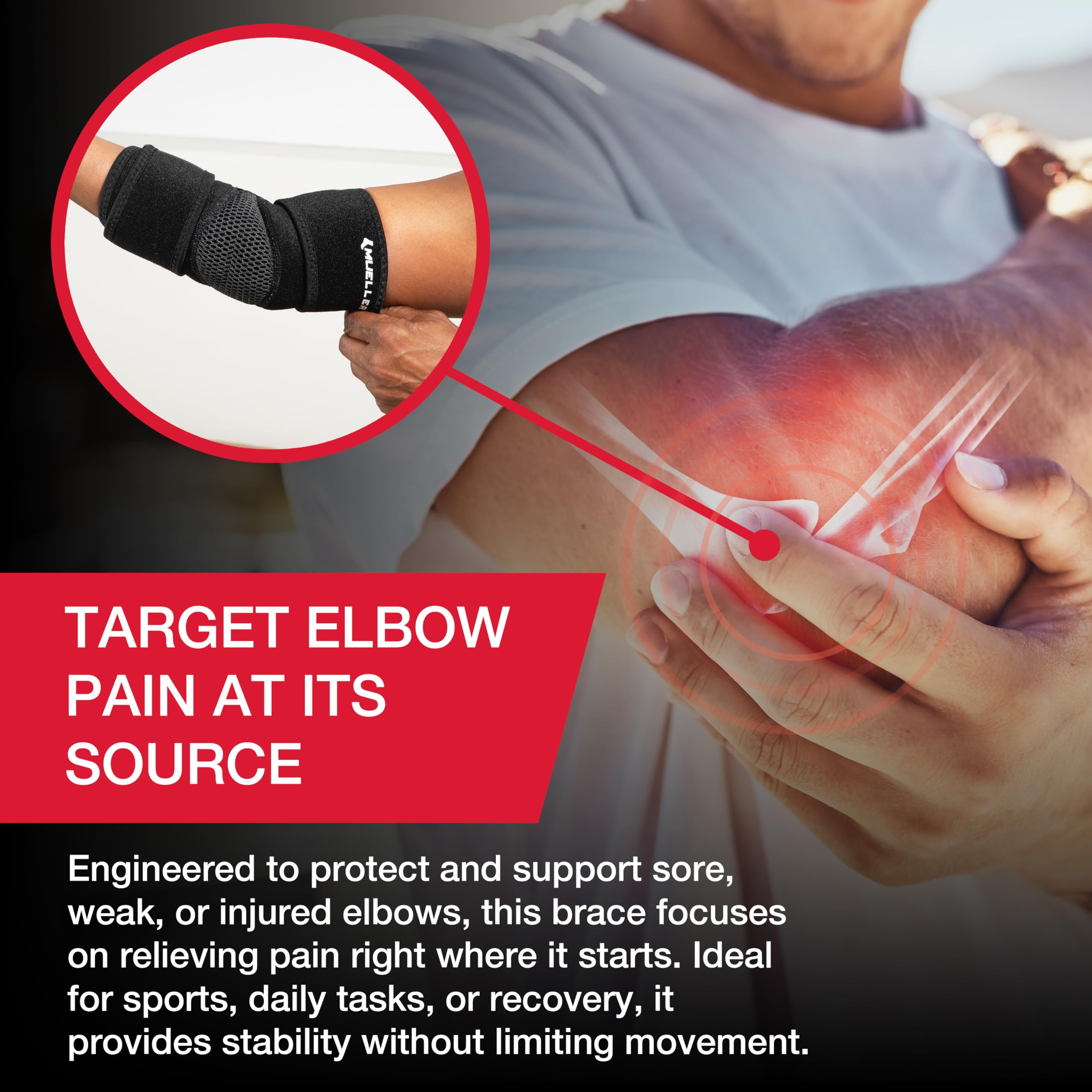 MUELLER Sports Medicine Adjustable Elbow Brace, Elbow Pain Relief Support Sleeve for Men and Women, For Tennis, Golf, Painting, Factory-Line Work, and More, Black, One Size