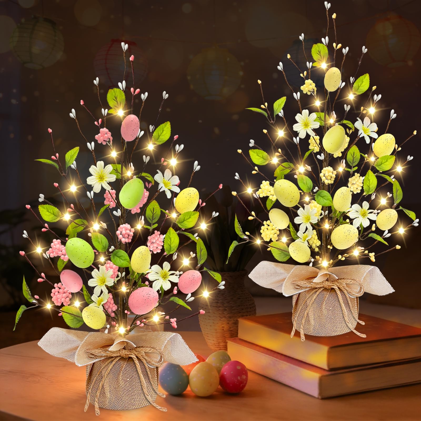 Photo 1 of 2 Pack & Timer - Easter Decorations, 18 Inch Lighted Easter Tree Tabletop with 40 LED Warm White Lights Colorful Eggs Floral Berries Battery Operated Easter Egg Tree Home Indoor Party Spring Decor