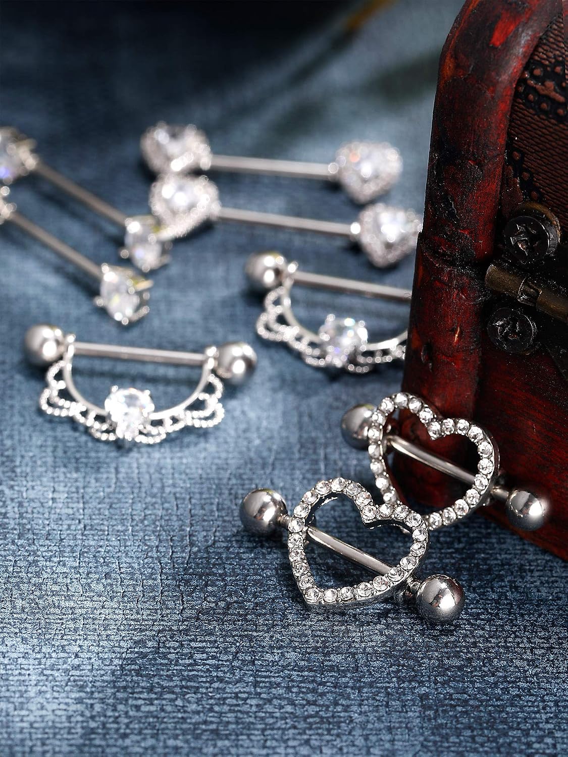 4 works Stainless Steel Nipple Rings Tongue Ring Piercing Body Jewelry Barbell CZ Heart Shape Rings for Women Girls (Color 1) - Image 3