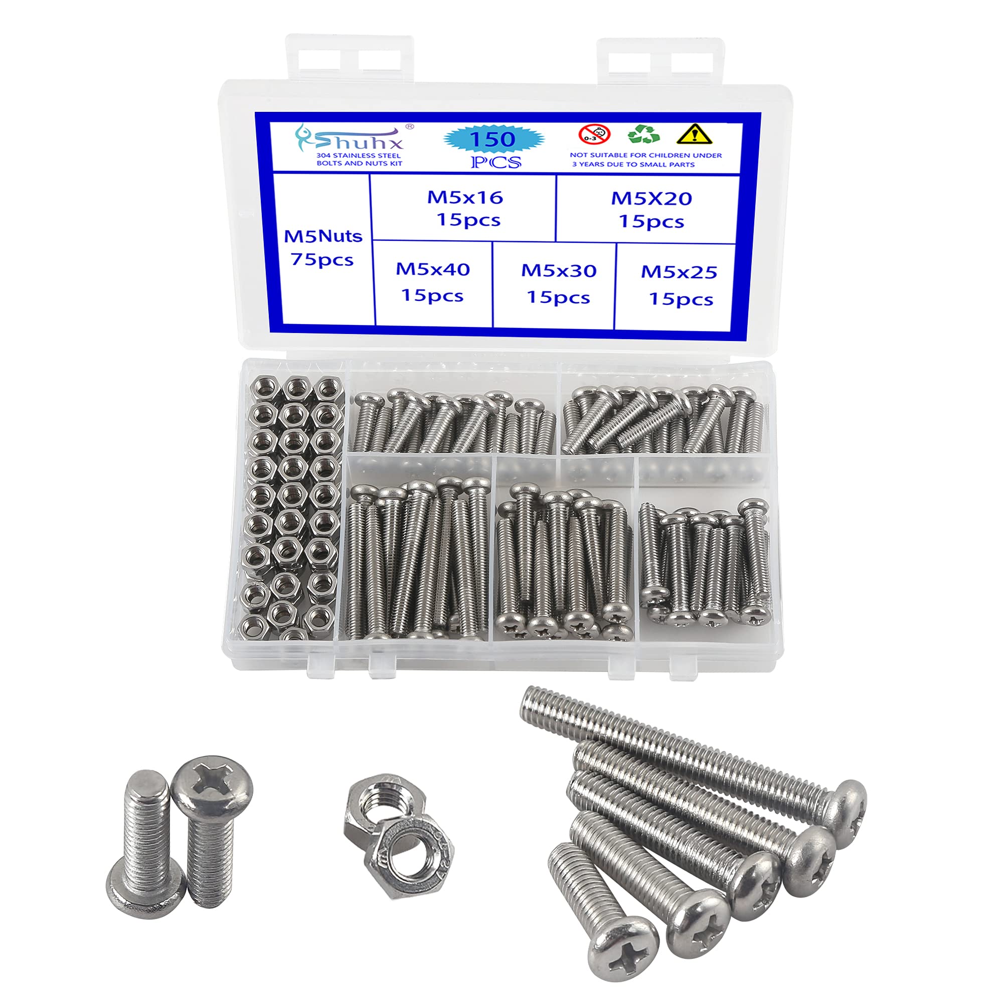 Rshuhx 150PCS M5 Bolts and Nuts Machine Screw and Nut 304 Stainless Steel Cross Pan Head Machine Round Head Screws Assortment Kit for Machine Furniture Toy Electronic Products Repair Fastener
