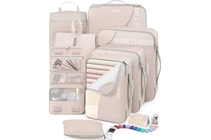 10 Set/8 Set Packing Cubes for Travel, Gifts for Women Mom,Anti-Tearing Suitcase Organizer for Luggage with Shoe & Hanging Toiletry Bag,OlarHike Vacation Essentials & Accessories for Cruise Ship,Cream