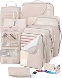10 Set/8 Set Packing Cubes for Travel, Gifts for Women Mom,Anti-Tearing Suitcase Organizer for Luggage with Shoe & Hanging Toiletry Bag,OlarHike Vacation Essentials & Accessories for Cruise Ship,Cream