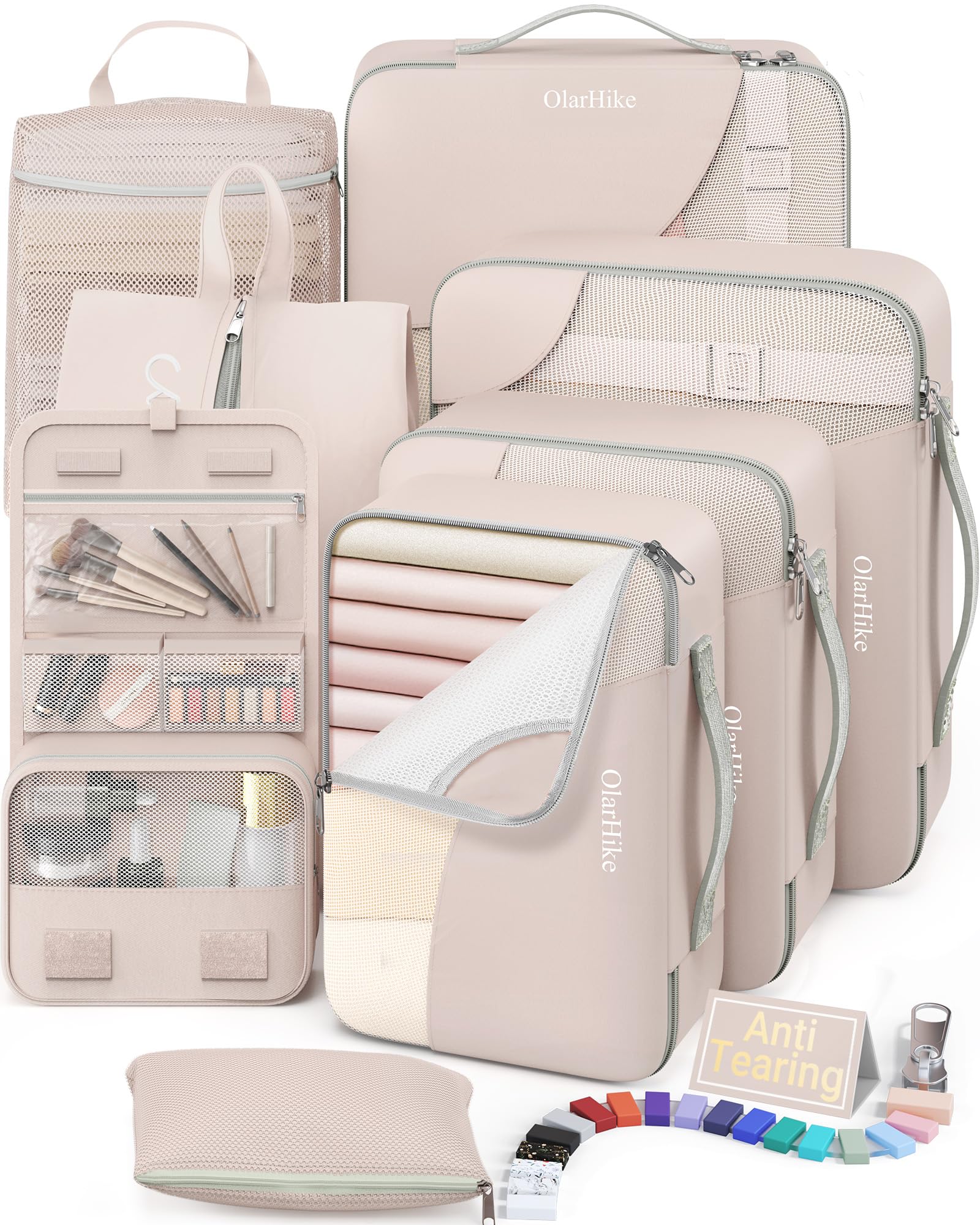 Photo 1 of 10 Set/8 Set Packing Cubes for Travel, Gifts for Women Mom,Anti-Tearing Suitcase Organizer for Luggage with Shoe & Hanging Toiletry Bag,OlarHike Vacation Essentials & Accessories for Cruise Ship,Cream