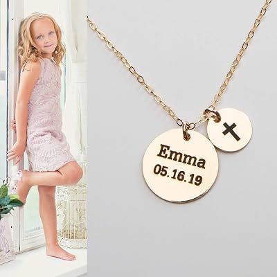 Name Date Cross Necklace, Girl Baptism 