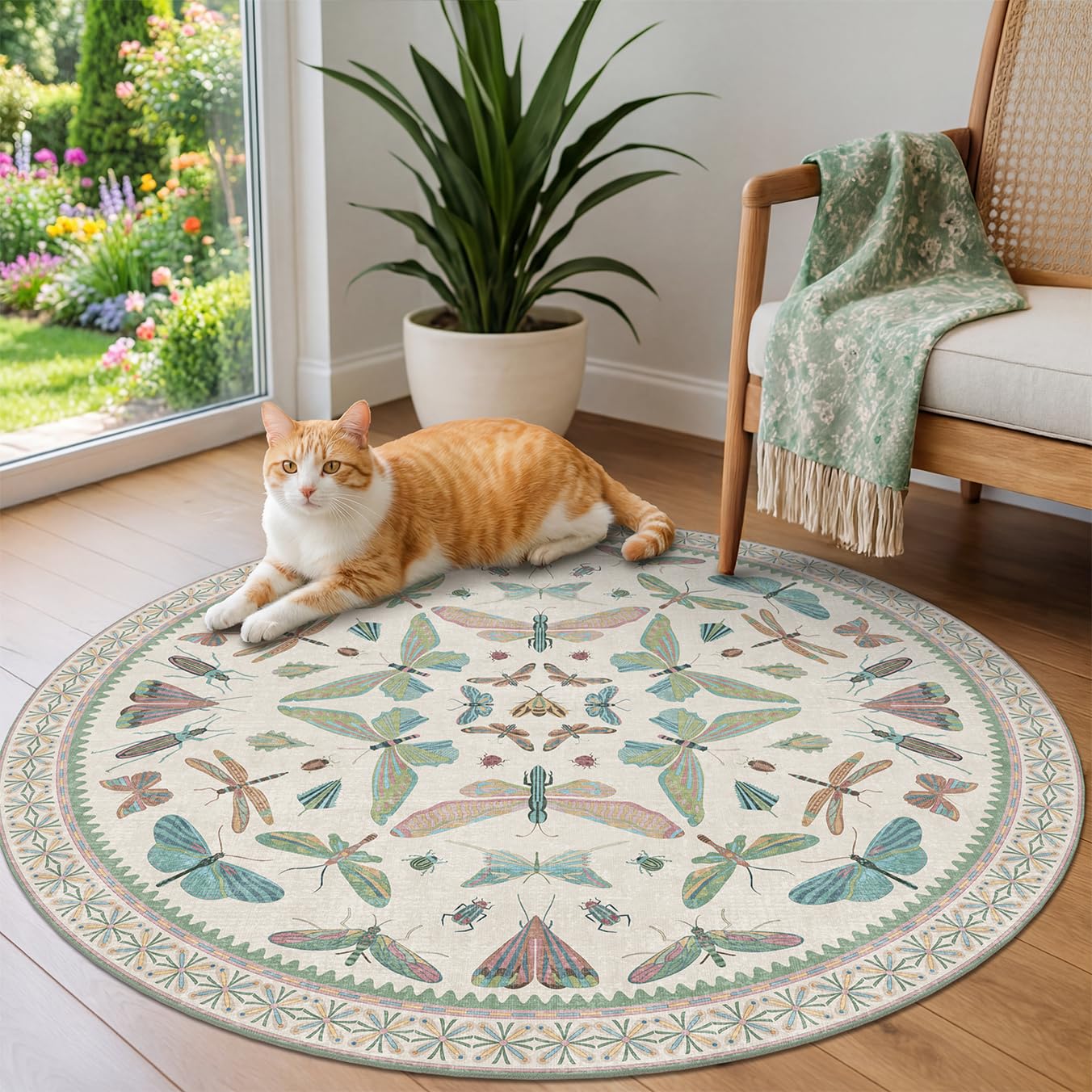 Cream Round Rugs 4ft for Living Room - Soft Washable Small Circle Throw Rugs for Kids Bedroom, Baby Nursery, Playroom, Reading Corner, Insect Stain Resistant Floor Carpet, Beige Green Image