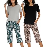 ENJOYNIGHT 2 Pack: Womens Pajamas Short Sleeve Tops and Capri Pants Pjs Print Pajama Sets with Pockets