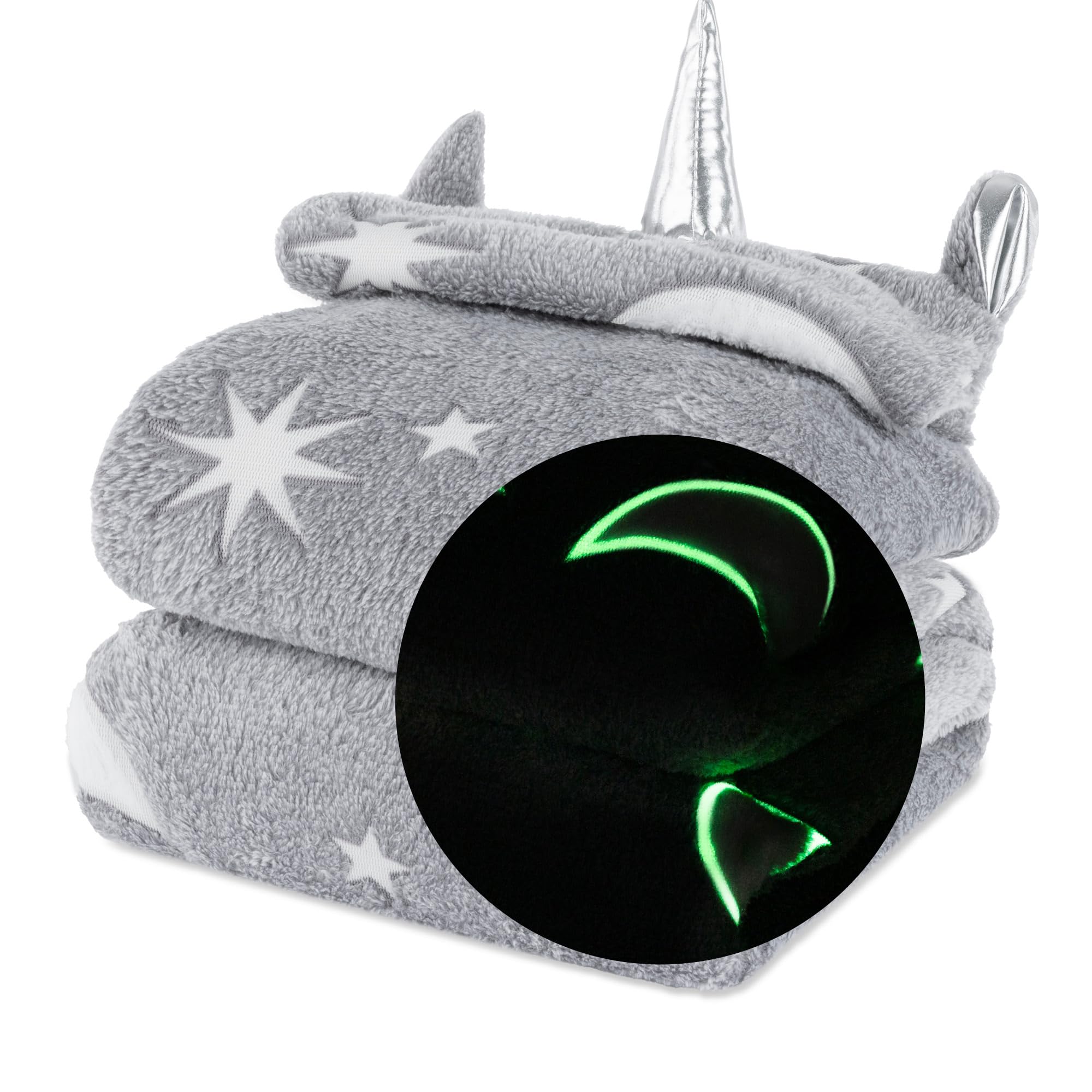 Wicked Gizmos Glow in the Dark Fluffy Throw Over Blanket with Hood in Soft and Plush Faux-Fur Microfibre Fleece Finish for Bed, Sofa or Couch (Grey Moon & Stars)