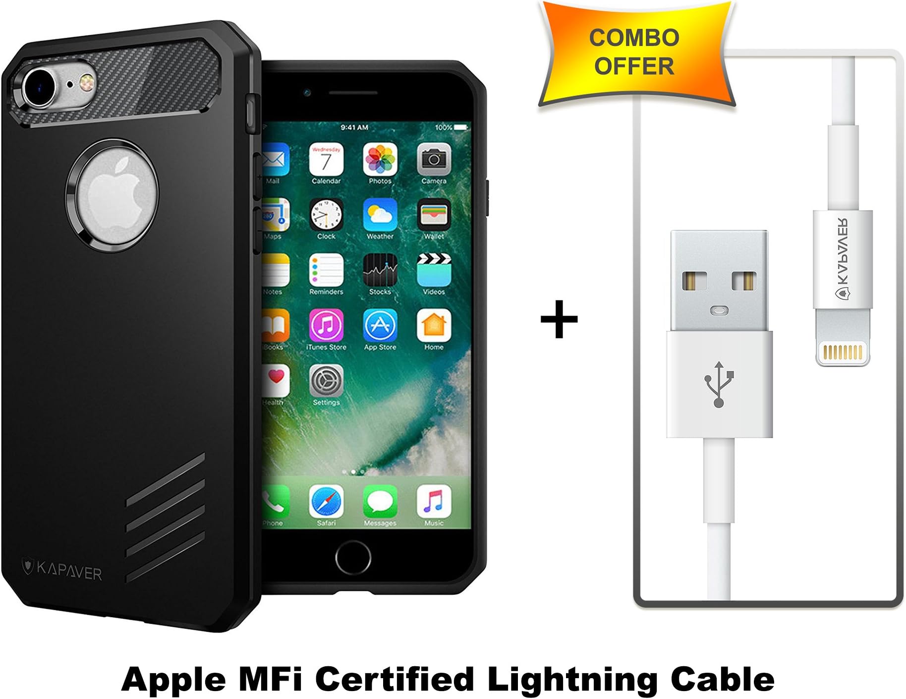 Kapaver Combo of Slim Shock Proof Bumper Armor Back Cover & Lightning Cable [Apple MFi Certified] 3 Feet 8 Pin Lightning to USB Sync Cable for iPhone