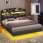 BTHFST Floating Bed Frame Full Size with Type-C Charging Station & Storage Headboard, RGB Floating Platform Bed, No Box Spring Needed, Wooden Slats Support, Dark Grey