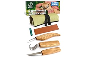 BeaverCraft S13 Wood Carving Tools Set for Spoon Carving 3 Knives in Tools Roll Leather Strop and Polishing Compound Hook Slo