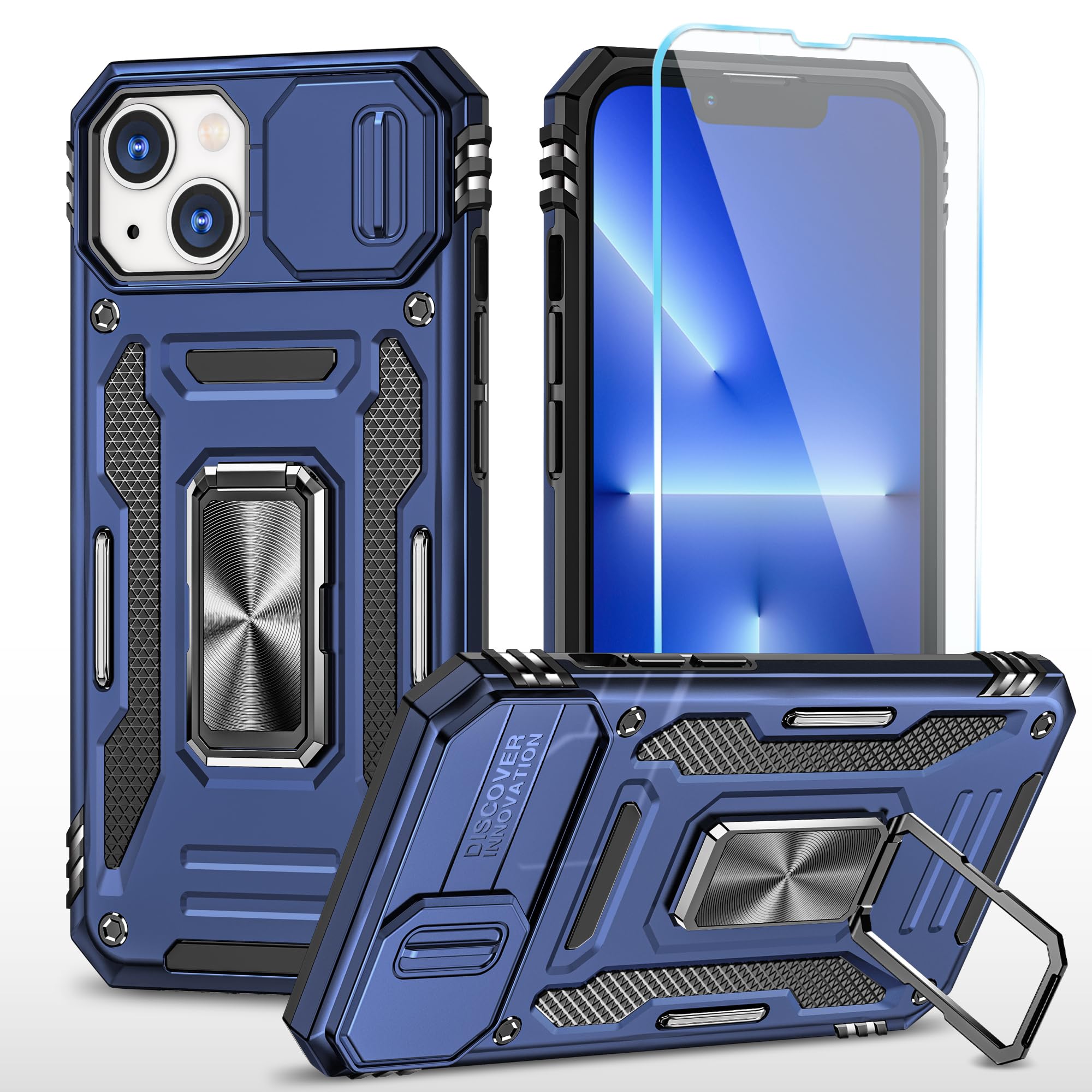 SunStory Compatible with iPhone 13 Case/iPhone 14 Case with HD Screen Protector & Slide Camera Cover & Rotated Ring Kickstand,[Military-Grade] Phone Case for iPhone 13/14 (Z_Blue)