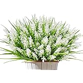 Kinisty 12 Bundles Outdoor Artificial Plants and Flowers, UV Resistant Faux Monkey Grass with Lavender and Fake Plastic Greenery for Spring Summer Outside Planter Porch Garden Decor, White