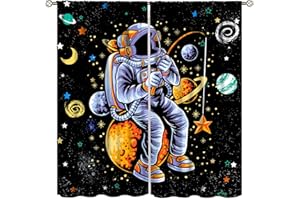 LLYLUMTY Astronaut Decor Lightweight Curtains for Kids Bedroom,Space Cartoon Cute Spaceman Fishing Stars,Home Decor Rod Pocket Drapes Darkening Window Curtain for Boys Bedroom Living Room 21x45in,2 Panel Set