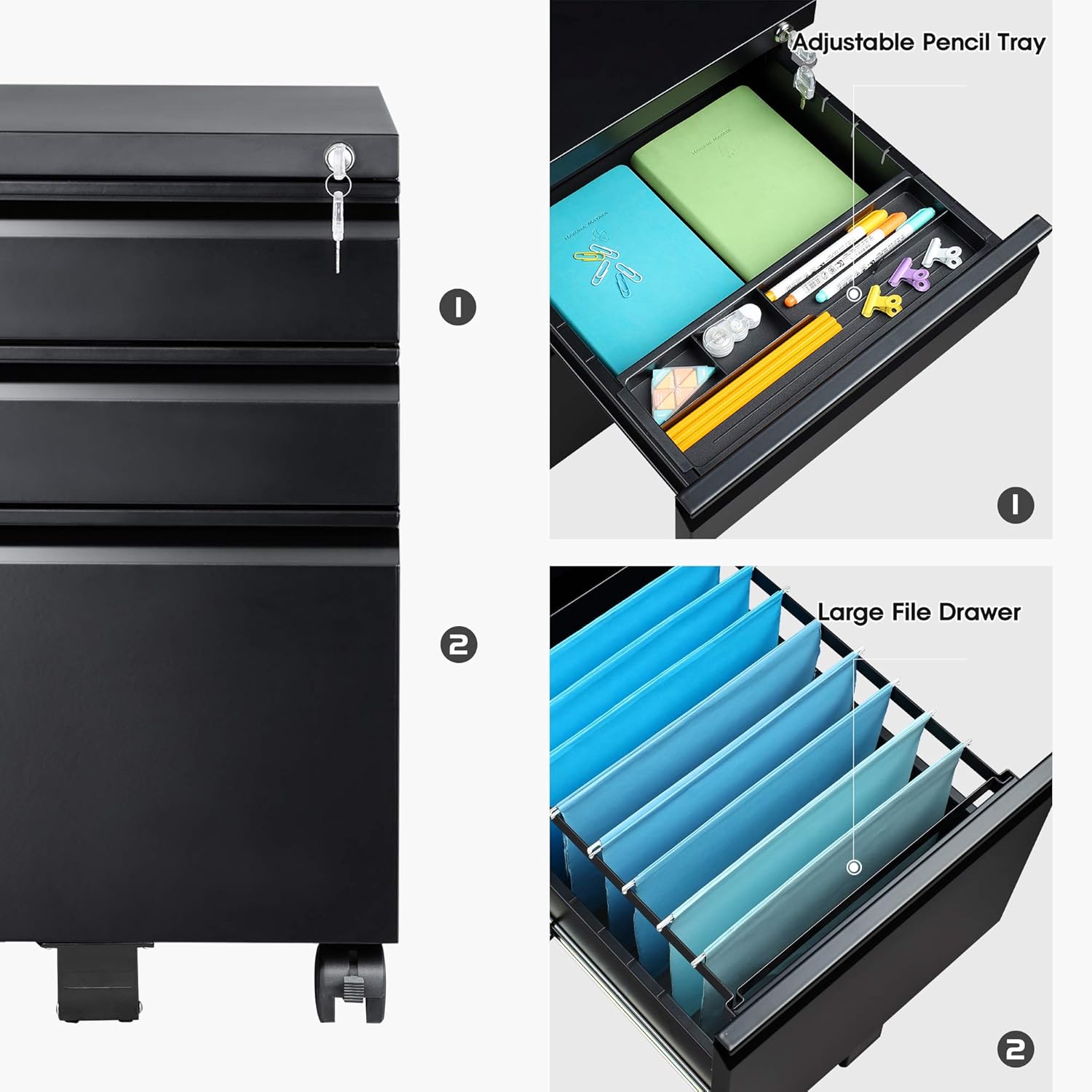 DEVAISE 3 Drawer Locking Mobile File Cabinet for Home Office, Fully Assembled Except Casters, Letter/Legal Size, Black : Office Products