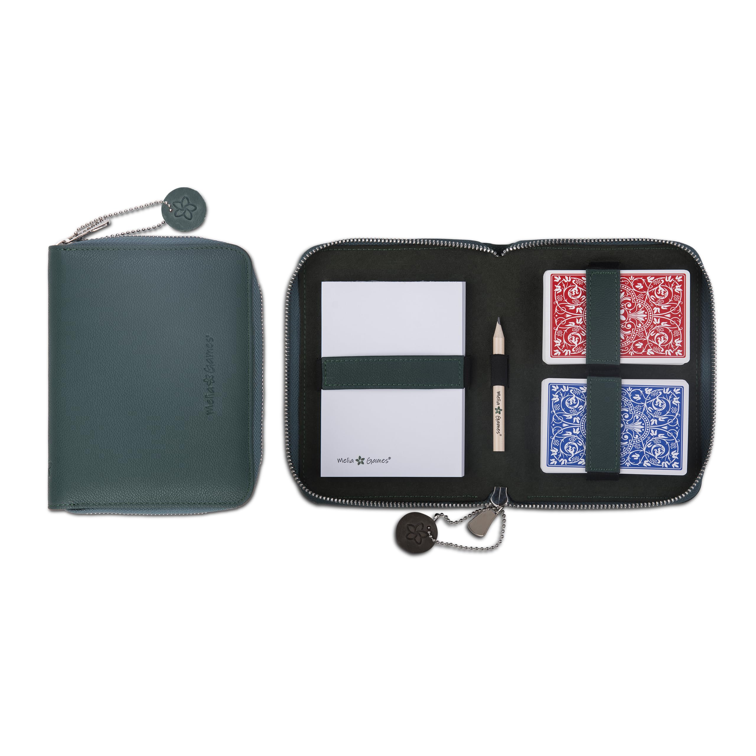 Melia Games Deluxe Playing Card Set - Exclusive Card Case Made of Finest Leather - Complete Set Including 2 Playing Card Decks, Notepad and Pencil (Designer Edition) (Emerald)