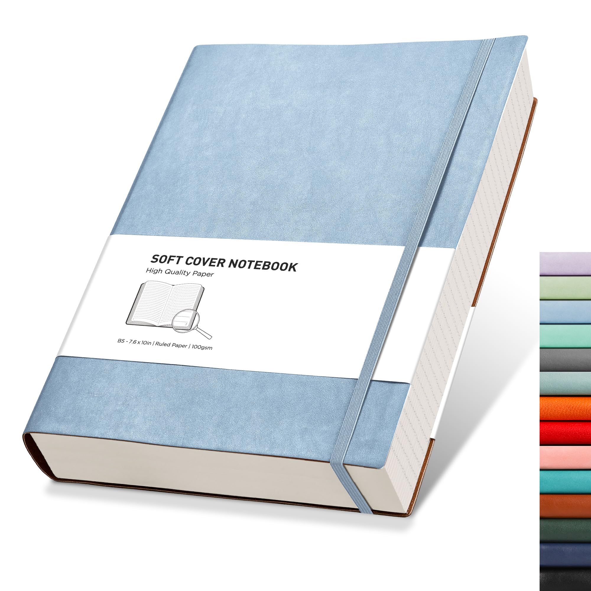 RETTACY College Ruled Notebook - 320 Numbered Pages Large B5 Lined Journal Notebook, 100gsm Thick Lined Paper, Faux Leather Softcover, for Women Men Work School, 19 x 25 cm - Light Blue