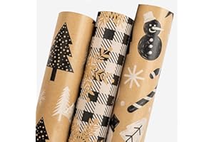 MAYPLUSS Kraft Christmas Wrapping Paper - 17In x 120In Per Roll - Cheerful Winter Snowman, Simple Tree, White & Black Plaid w