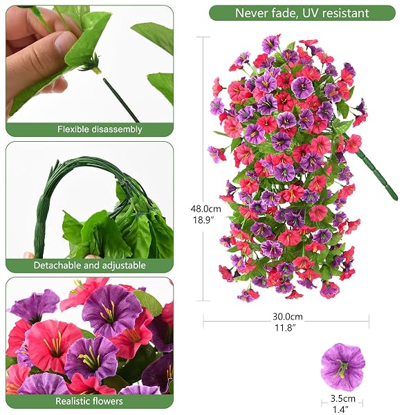 INQCMY ARTIFICIAL FLOWERS FOR OUTDOOR SPRING SUMMER DECORATION FAUX SILK MORNING GLORY FAKE HANGING FLOWERS UV RESISTANT LOOK REAL FOR HOME PORCH (HOT PINK&ORCHID-2B)