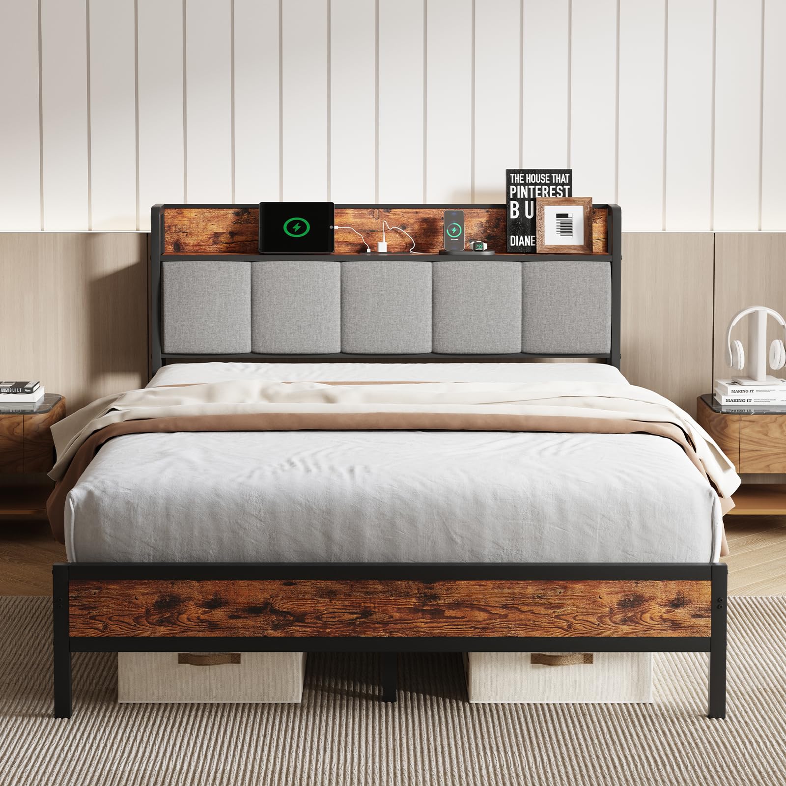 Photo 1 of **No bottom**Novilla Full Size Bed Frame with Charging Station USB/Type-C & Storage Headboard, Modern Metal Platform Bed Frame, Easy Assembly, Heavy Duty Slats Support, Noise Free, No Box Spring Needed