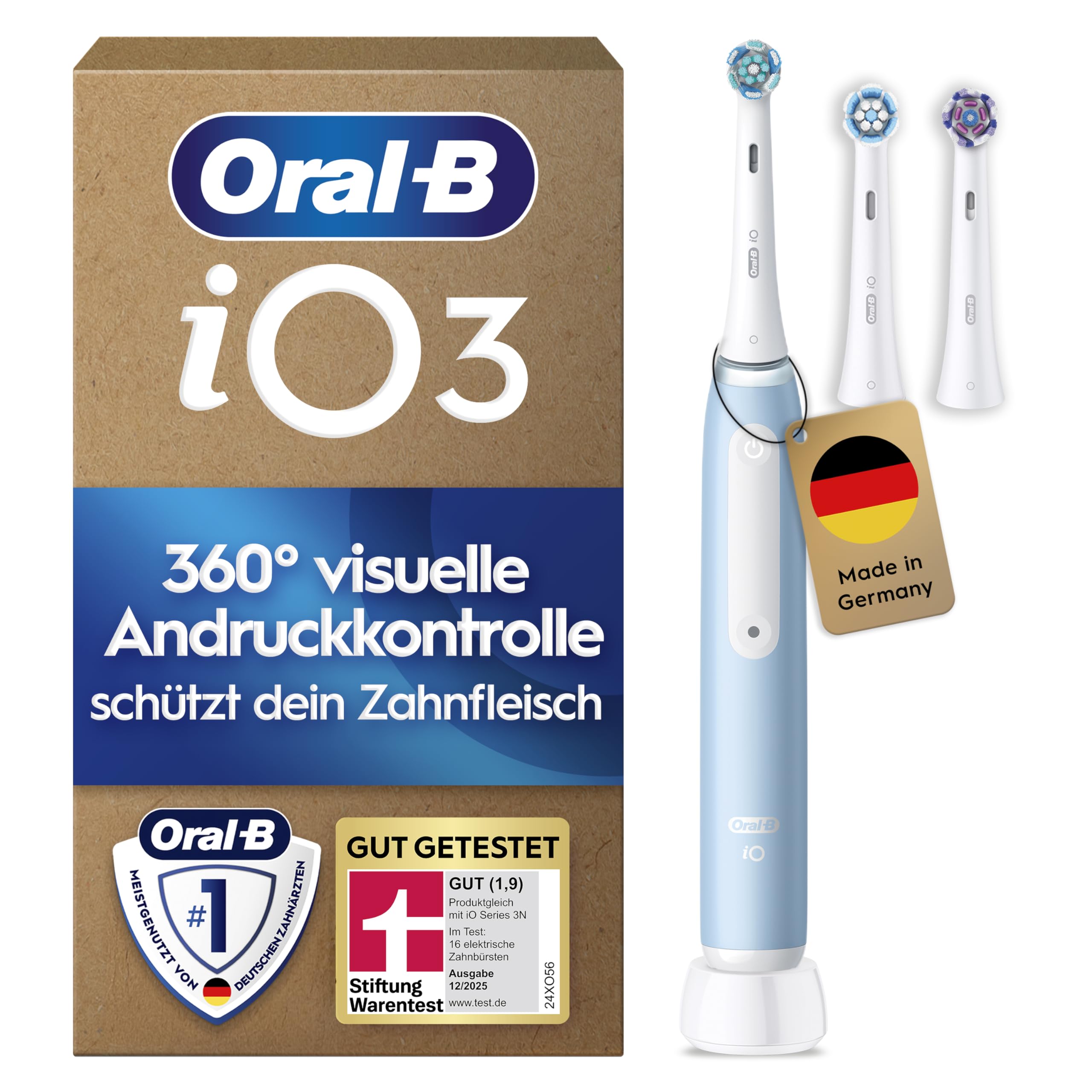 Oral-B iO Series 3 Plus Edition Elektrische Zahnbürste, Electric Toothbrush, PLUS 3 Aufsteckbürsten, 3 Putzmodi für Zahnpflege, Designed by Braun, TESTSIEGER Stiftung Warentest (12/2024), Ice Blau