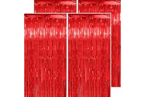 PATICOOL Thicken Red Streamers 4 Pack 3.2 x 8.2 FT, Red Tinsel Backdrop Curtains, Foil Fringe Backdrop for Birthday, Casino, Carnival, Christmas, Cherry, Hollywood Red Carpet Party Decorations