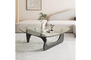 PRITIY Triangle Coffee Table in Walnut Mid Century Modern Solid Wood Base and Triangle Clear Glass Coffee Table for Living Room Low Minimalist Tea Table Coffee Tables (36 * 25.6 * 16, Black Transparent)