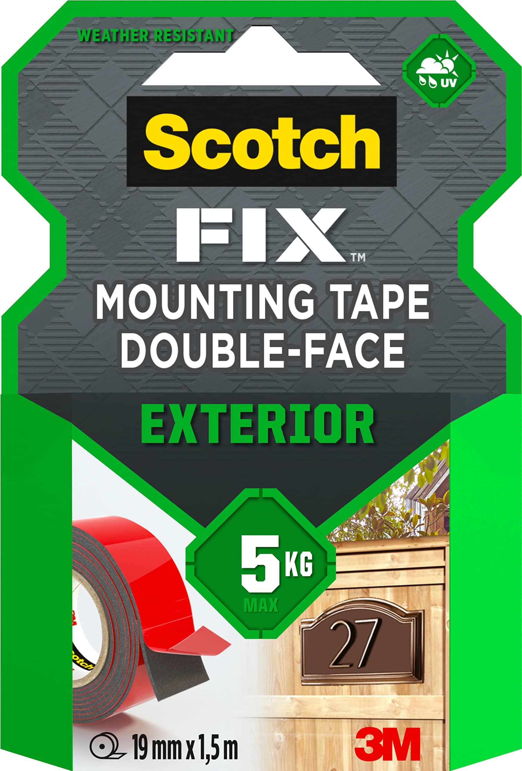 Scotch-Fix Exterior Mounting Tape 411-1915-P, 19mm x 1,5m, 1 roll/pack (Packaging May Vary)