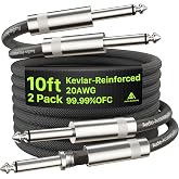 Guitar Cable 10 ft/3m 2 Pack, Dual Shielded 99.99% OFC Instrument Cable | 20AWG Kevlar-Reinforced Heavy-Duty Nylon Braided, Heat-Shrink Protected 1/4 Inch Cord, Amp Cord for Fender Electric Guitar