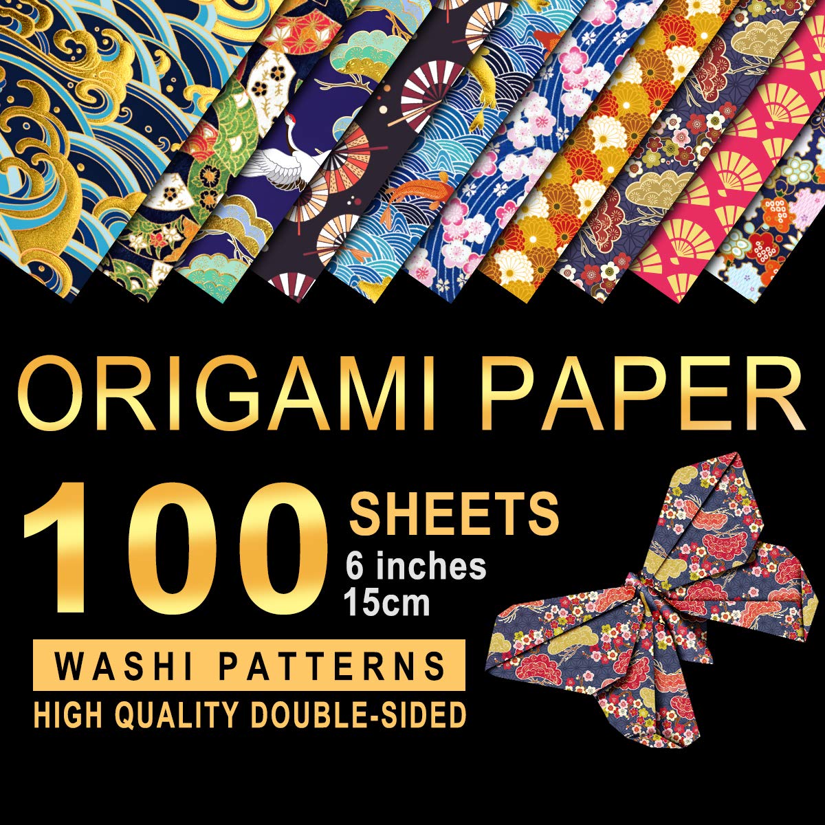 PAPERKIDDO Japanese Washi Origami Paper 100 Sheets 10 Different Pattern Double Side Printing Square Folding Paper Bronzing Premium Quality Arts and Crafts Projects for Kids Adults 6x6 Inch