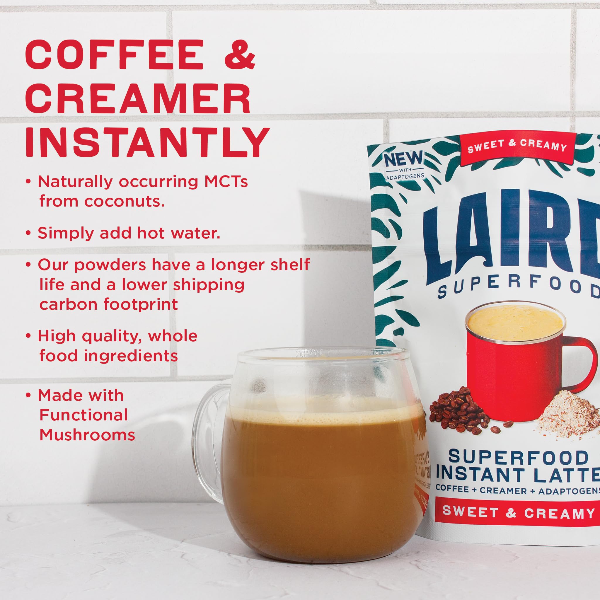 Laird Superfood Instant Latte Sweet & Creamy, Non-Dairy, Superfood Creamer, Gluten Free, Non-GMO, Vegan, 16 oz. Bag, Pack of 1