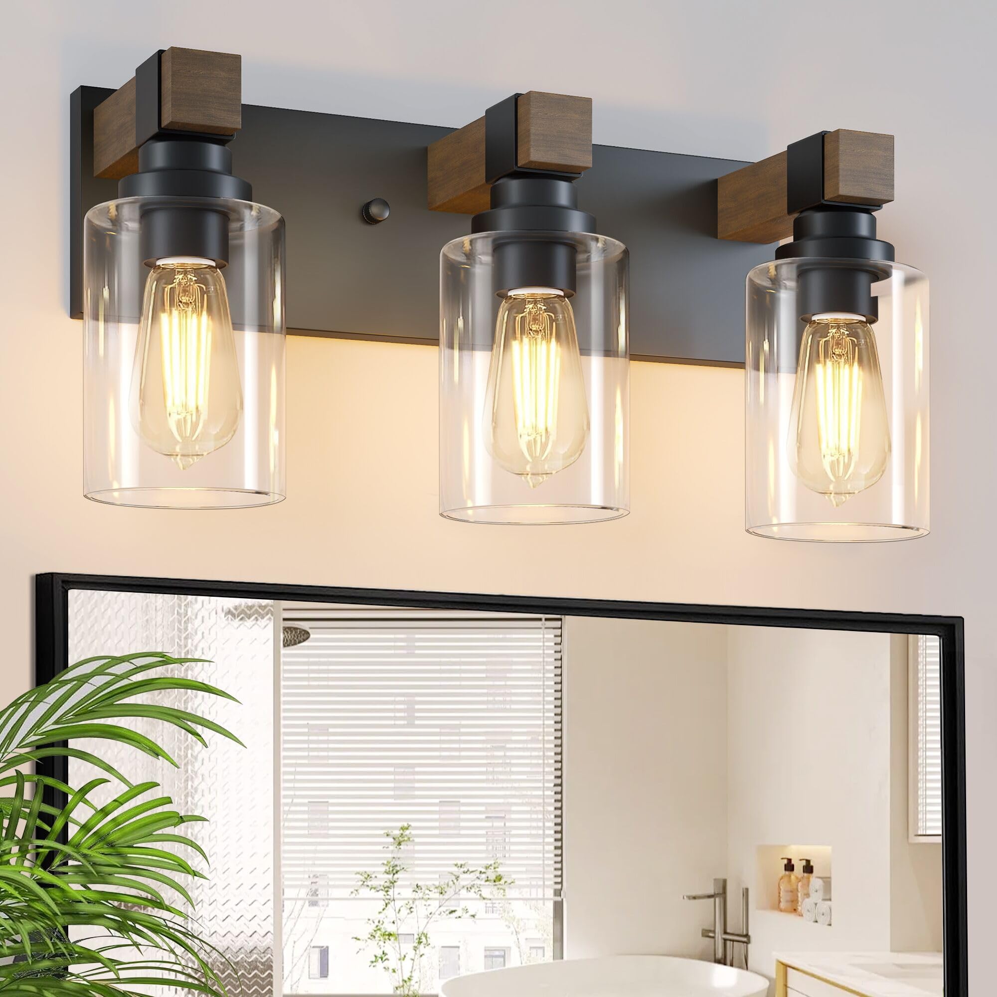 Photo 1 of Farmhouse Bathroom Vanity Light Fixtures,Rustic 3-Light Wood Vanity Lights for Bathroom,Vintage Black Wall Sconces Lighting, Light fixtures Over Mirror, with Glass Shade