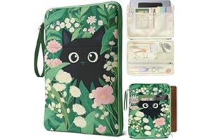 QRZIQRZ Book Sleeve Book Pouch, Cute Cat Floral Print Book Protector Case with Zipper, PU Leather Waterproof Book Cover Bag, Portable Book Pouch for Book Lovers Gifts Paperbacks Hardcover