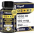 1 Year Bulk Vitamin D3 K2 High Potency 1000 IU D3 (25 mcg) / 120 mcg K2 (MK-7) - 350 Capsules Year Long Supply Vitamin D - He