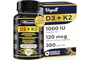 1 Year Bulk Vitamin D3 K2 High Potency 1000 IU D3 (25 mcg) / 120 mcg K2 (MK-7) - 350 Capsules Year Long Supply Vitamin D - He