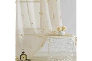 Jubilantex Butterfly Sheer Curtain Panels for Girls Nursery Bedroom, Toddler Gold Print Linen Textured Voile Farmhouse Rod Pocket Window Drapes 95 Inch for Kids Room, 2 Panels, Ivory/Beige