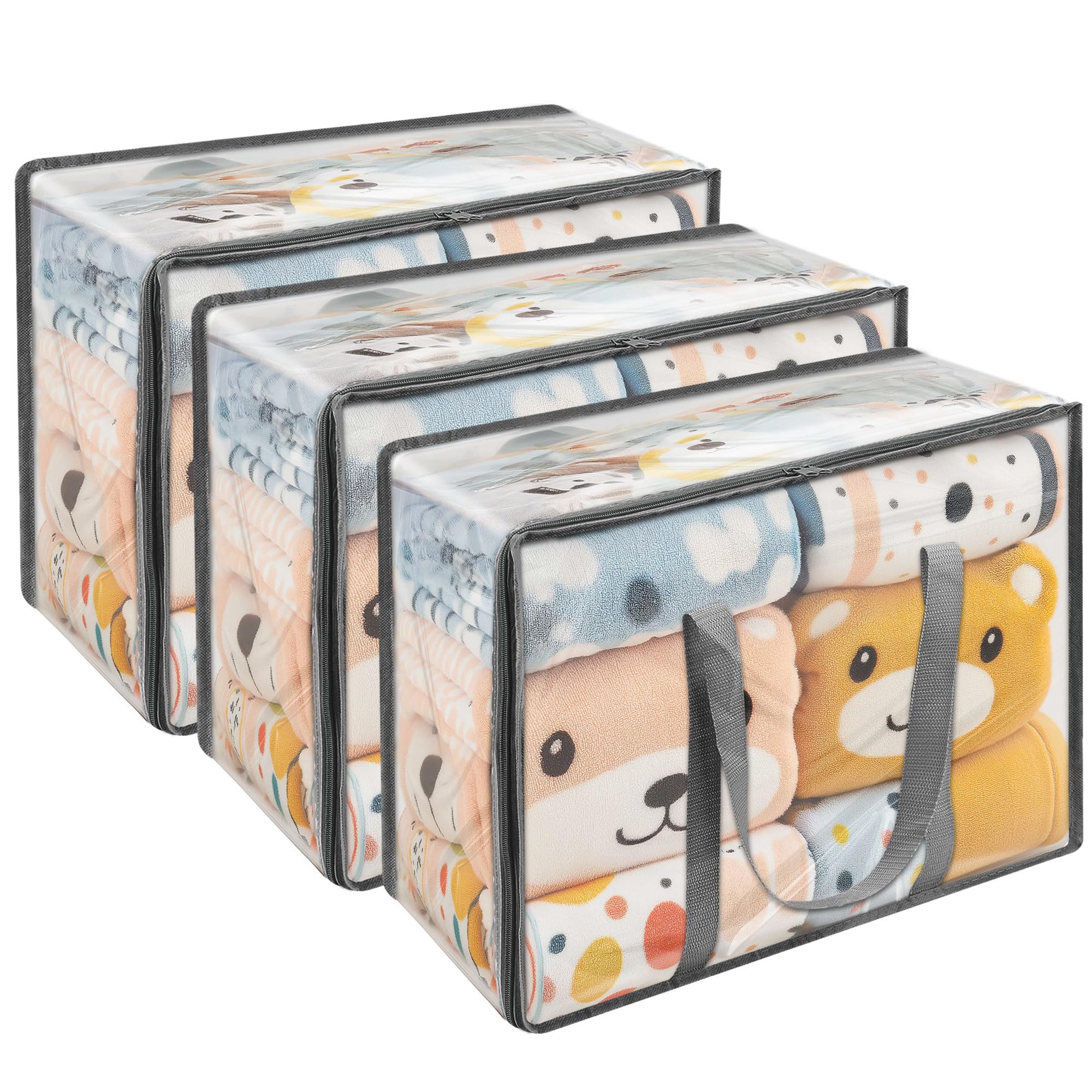 Vieshful Clear Clothes Storage Bag Organizer with Grey Reinforced Handle, 18.1 X 15 X 9.1 in, Storage Bag for Comforter, Blanket, Bedding, Duvet, Transparent Moving Totes with Sturdy Zipper, 3 Pack