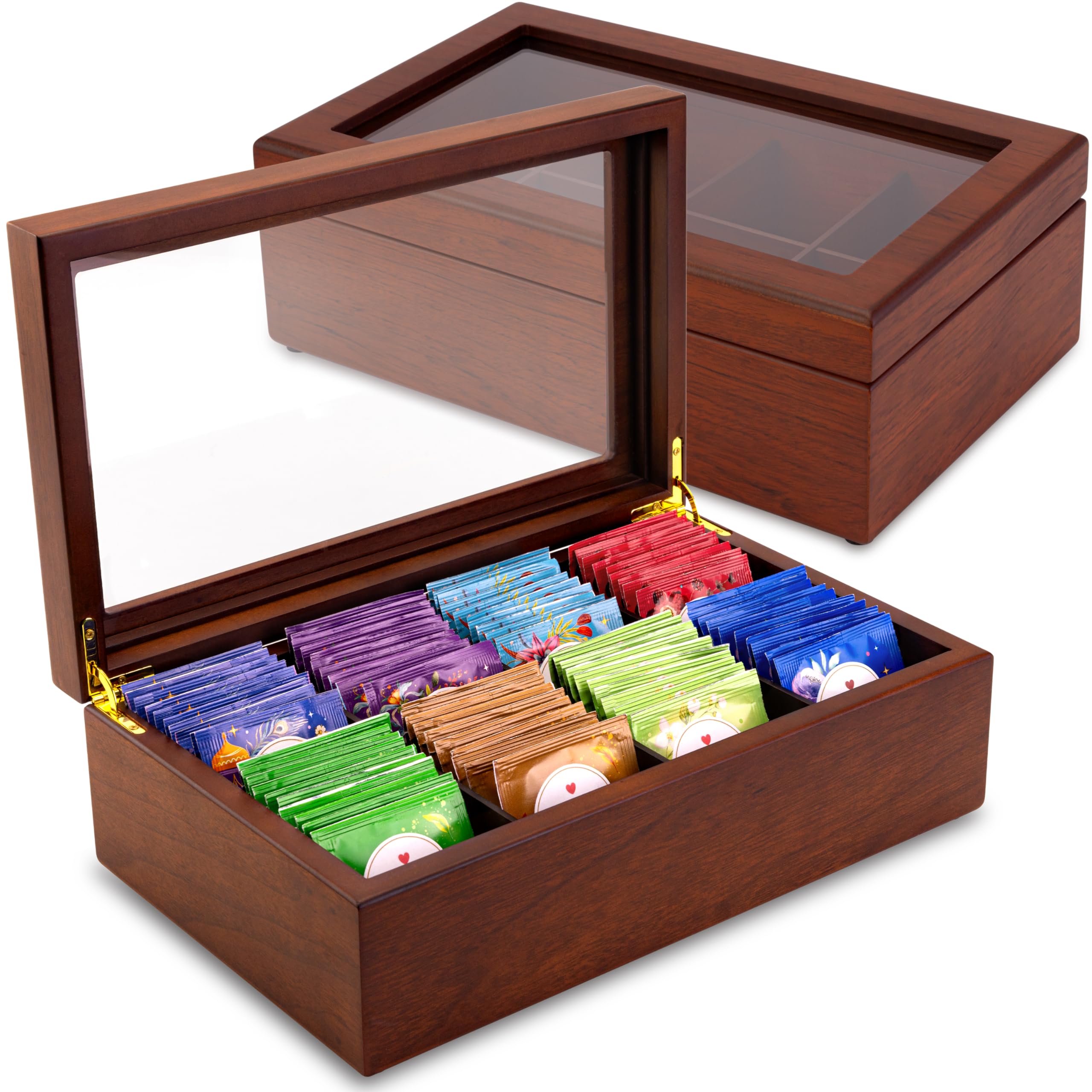 Photo 1 of Tea Box - Luxury Wooden Tea Bag Organizer from The Apace Premier Collection - 8 Compartment Tea Storage Chest Container - Elegantly Handmade w/Scratch Resistant Window